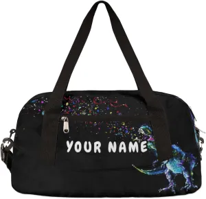 Dinosaur Space Personalized Kids Duffel Bag for Girls Boys, Dinosaur Debris Custom Dance Bag Overnight Small Duffel Bag Carry On Weekend Sports Travel Bag for School Practice Gymnastics Ballet