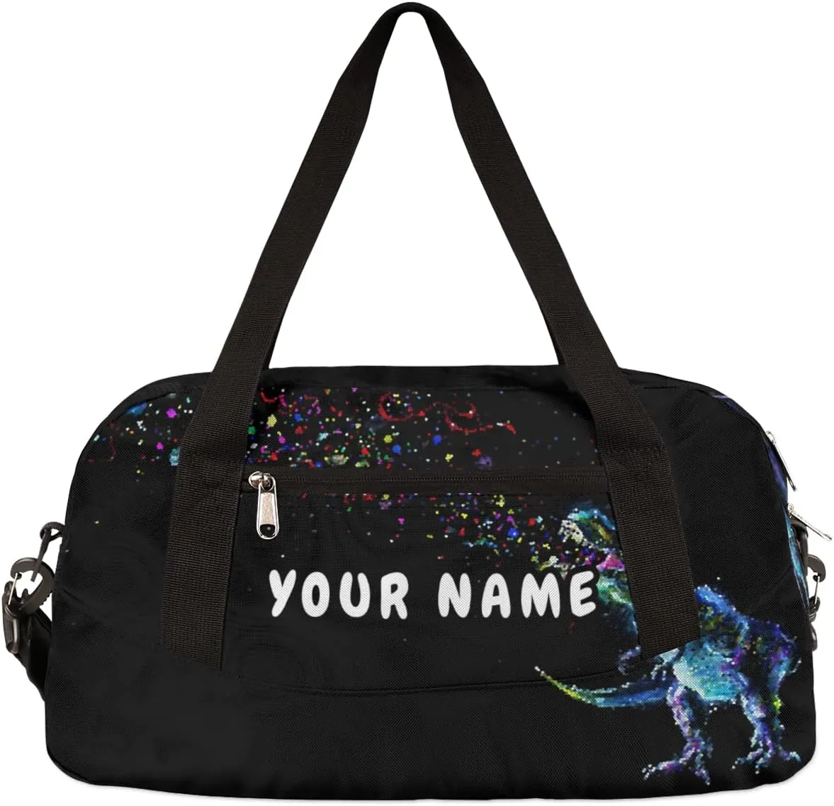 Dinosaur Space Personalized Kids Duffel Bag for Girls Boys, Dinosaur Debris Custom Dance Bag Overnight Small Duffel Bag Carry On Weekend Sports Travel Bag for School Practice Gymnastics Ballet