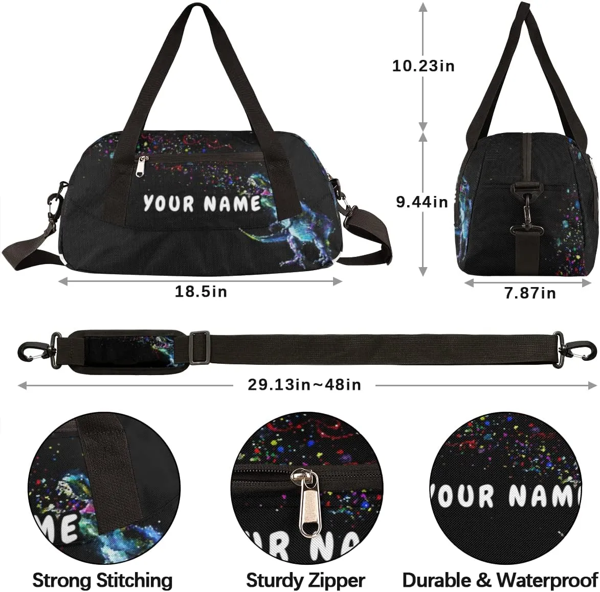 Dinosaur Space Personalized Kids Duffel Bag for Girls Boys, Dinosaur Debris Custom Dance Bag Overnight Small Duffel Bag Carry On Weekend Sports Travel Bag for School Practice Gymnastics Ballet