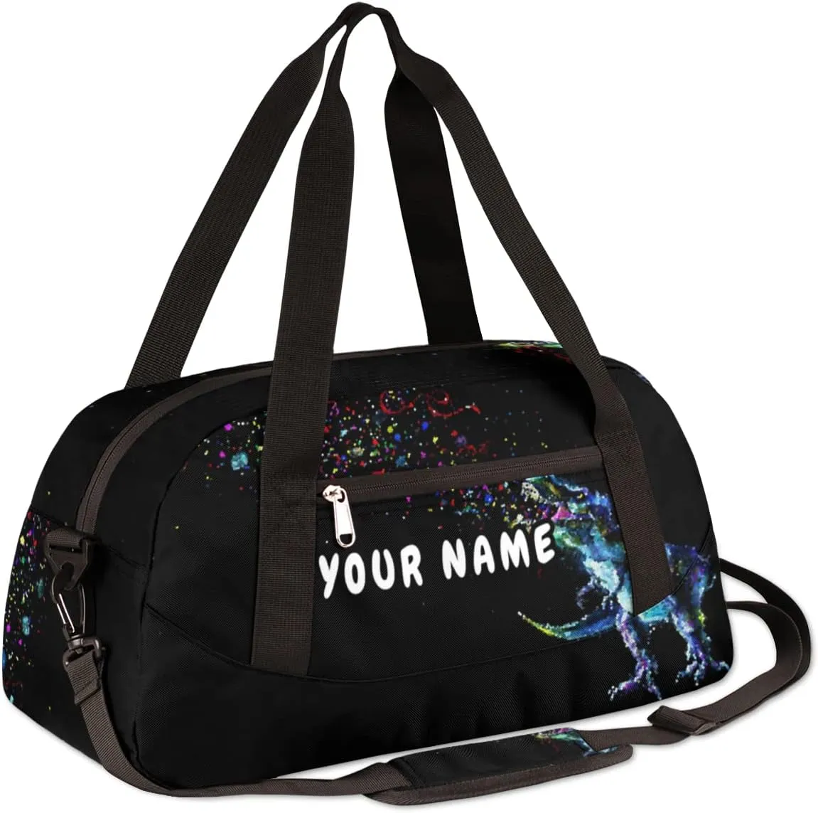 Dinosaur Space Personalized Kids Duffel Bag for Girls Boys, Dinosaur Debris Custom Dance Bag Overnight Small Duffel Bag Carry On Weekend Sports Travel Bag for School Practice Gymnastics Ballet