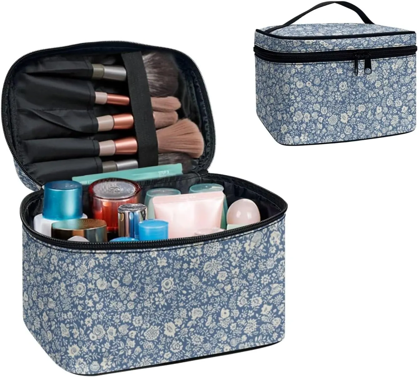 Ditsy Floral Makeup Bag for Traveling Women Travel Toiletry Bag, Blue Flowers Makeup Organizer Bag Large Cosmetic Accessories