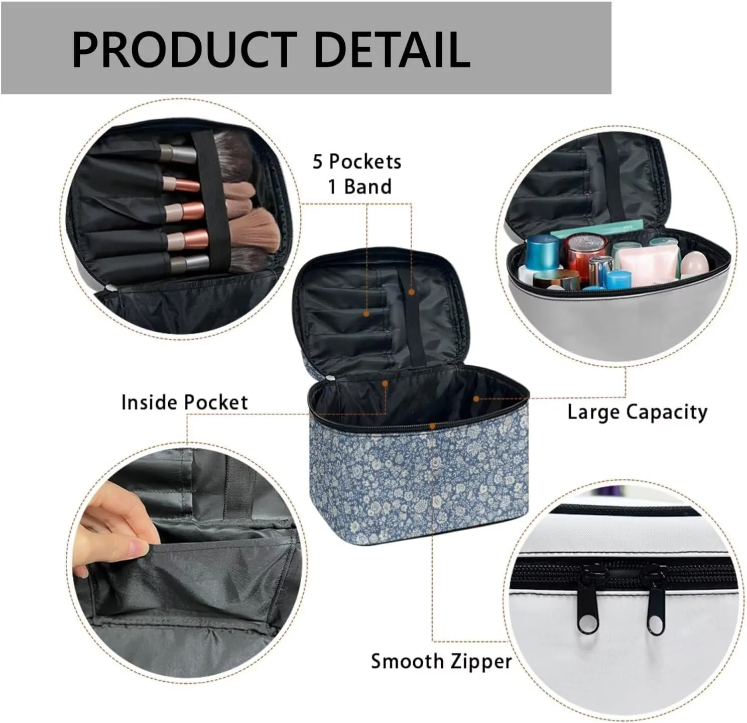 Ditsy Floral Makeup Bag for Traveling Women Travel Toiletry Bag, Blue Flowers Makeup Organizer Bag Large Cosmetic Accessories