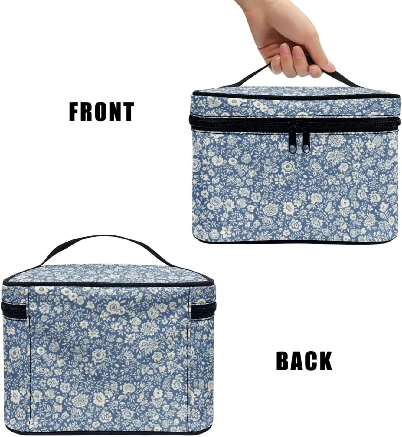 Ditsy Floral Makeup Bag for Traveling Women Travel Toiletry Bag, Blue Flowers Makeup Organizer Bag Large Cosmetic Accessories