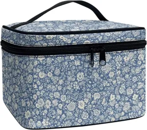 Ditsy Floral Makeup Bag for Traveling Women Travel Toiletry Bag, Blue Flowers Makeup Organizer Bag Large Cosmetic Accessories