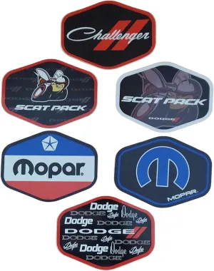 Dodge, Mopar, Challenger and Scat Pack Logo Premium Vinyl Screen-Printed Hex Shaped Stickers 6-Pack Made in Detroit