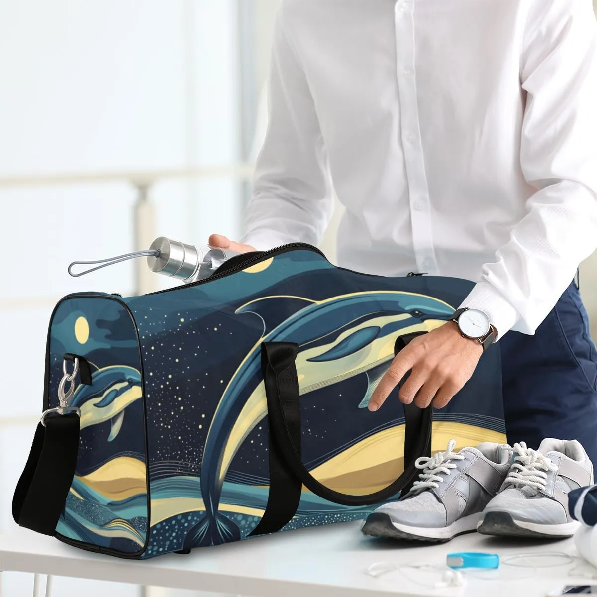 Dolphins Jumping Travel Duffle Bag for Women Men Gym Duffel Foldable Bag Waterproof Weekender Sea Sky Duffle Tote