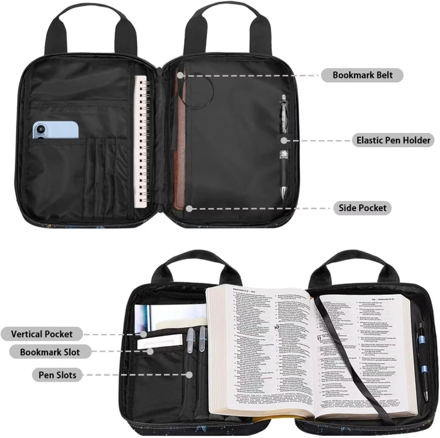Dolyues Black Cat Bible Cover Bible Bag Journal Case Flowers Bible Carrying Case for Women Men Bible Gift Book Protector for Book Lovers