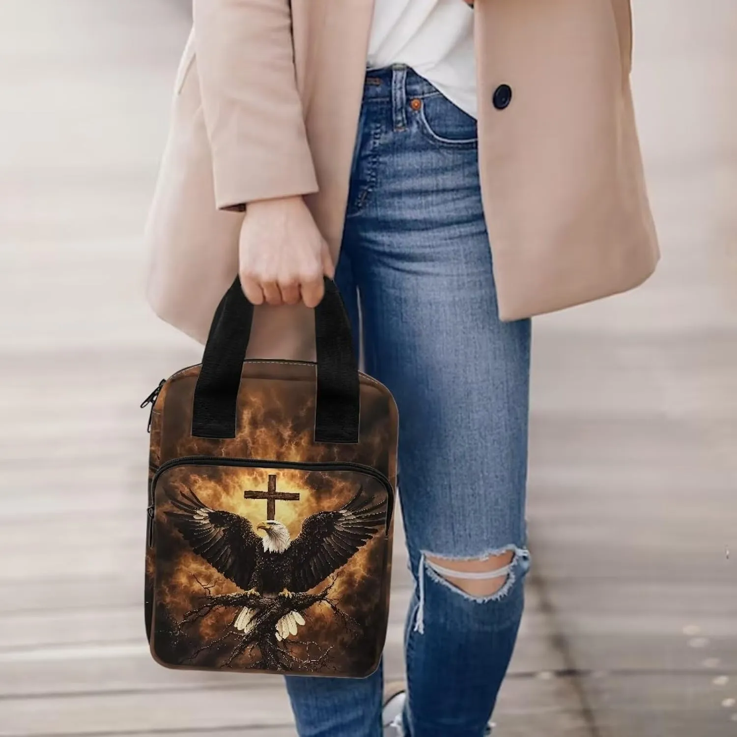 Dolyues Eagle Cross Stylish Floral Bible Cover Bag for Women | Bible Proverbs Zip-Around Case with Handle and Pockets | Functional and Elegant Bible Storage Solution