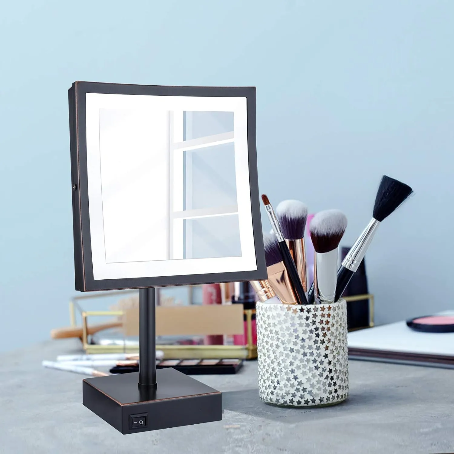 DOWRY Tabletop LED Lighted 5X Magnifying Square Makeup Mirror with plug,8 Inch, Polished Oil Rubbed Bronze Finished