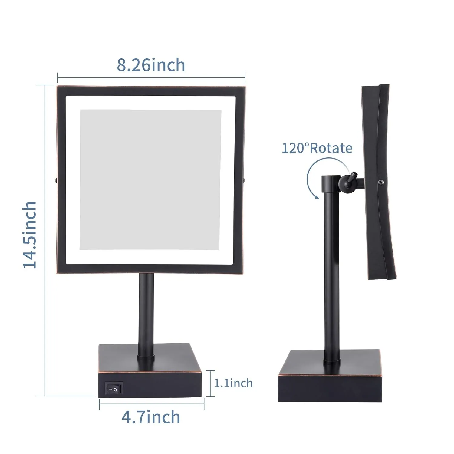 DOWRY Tabletop LED Lighted 5X Magnifying Square Makeup Mirror with plug,8 Inch, Polished Oil Rubbed Bronze Finished