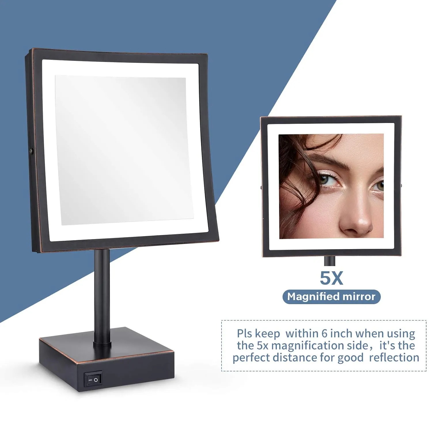 DOWRY Tabletop LED Lighted 5X Magnifying Square Makeup Mirror with plug,8 Inch, Polished Oil Rubbed Bronze Finished