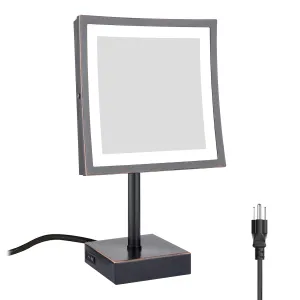 DOWRY Tabletop LED Lighted 5X Magnifying Square Makeup Mirror with plug,8 Inch, Polished Oil Rubbed Bronze Finished
