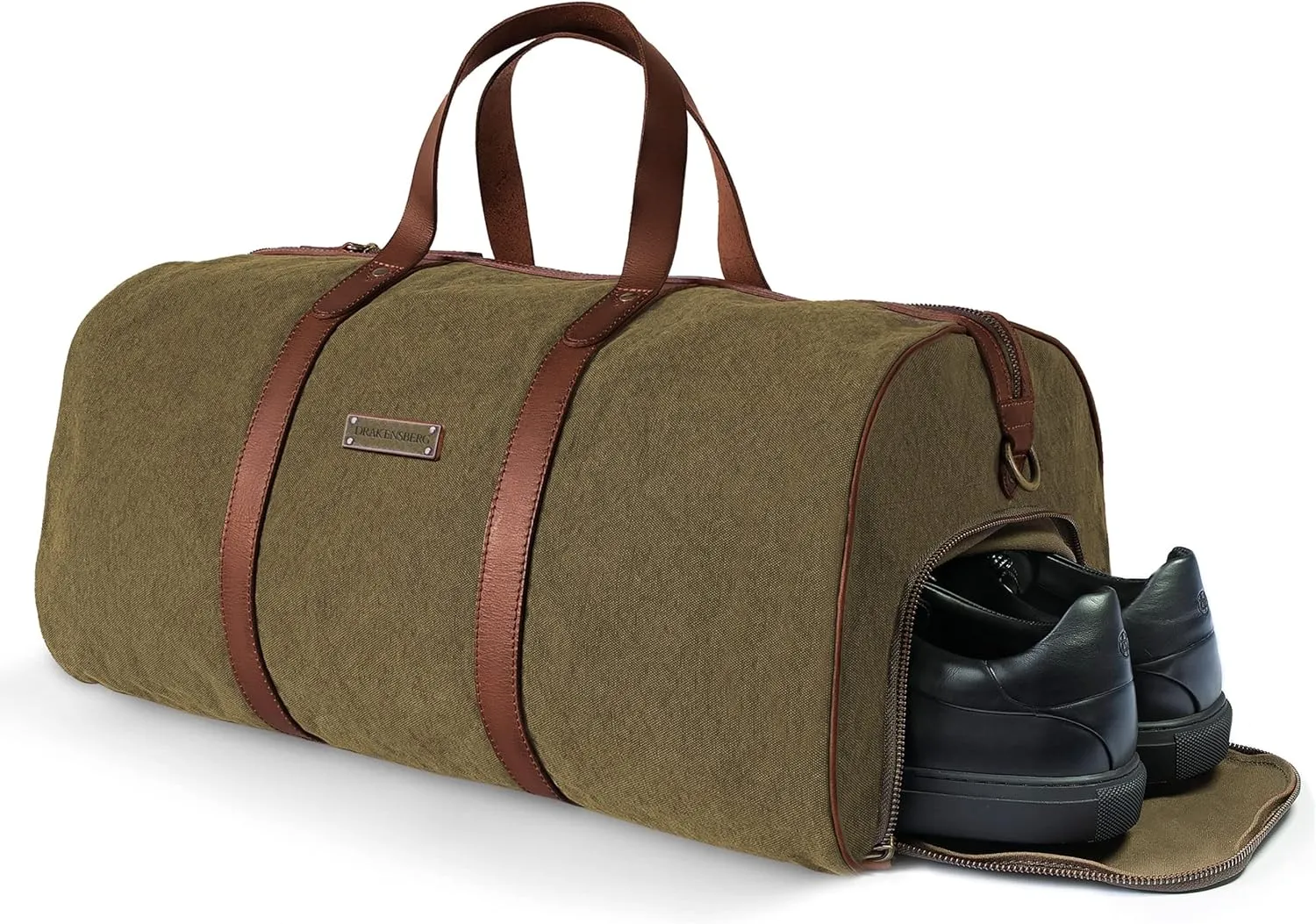DRAKENSBERG Weekender 'Toby' - small duffle bag with shoe compartment and gym bag, suitable for carry-on luggage, ladies, men, sustainably handmade, canvas, leather, 40L, olive-green, DR00115