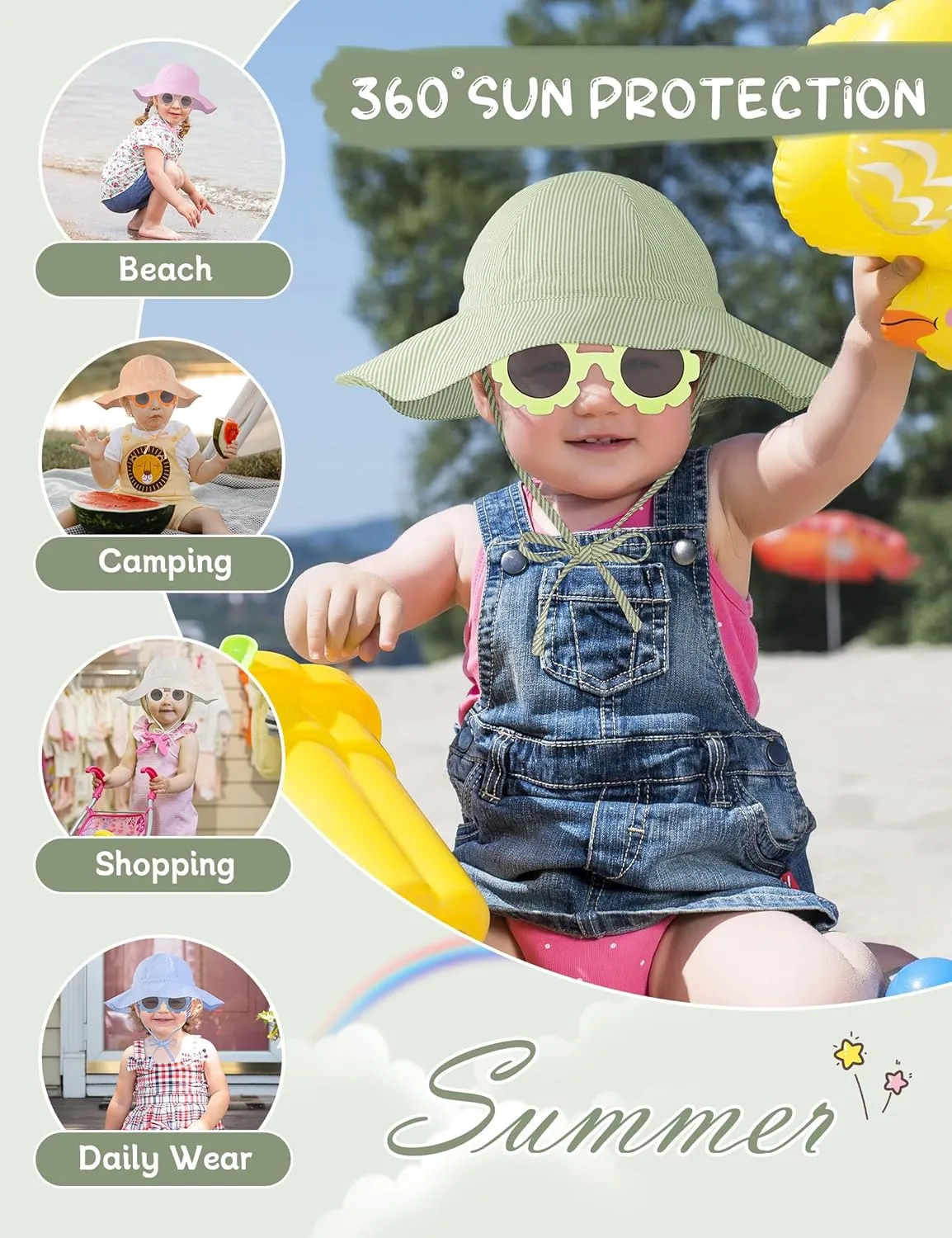 Durio Baby Sun Hat UPF 50  Sun Protection Hat Boy Girl Baby Sunglasses with Strap Wide Brim Baby Bucket Hat Toddler Beach Hat