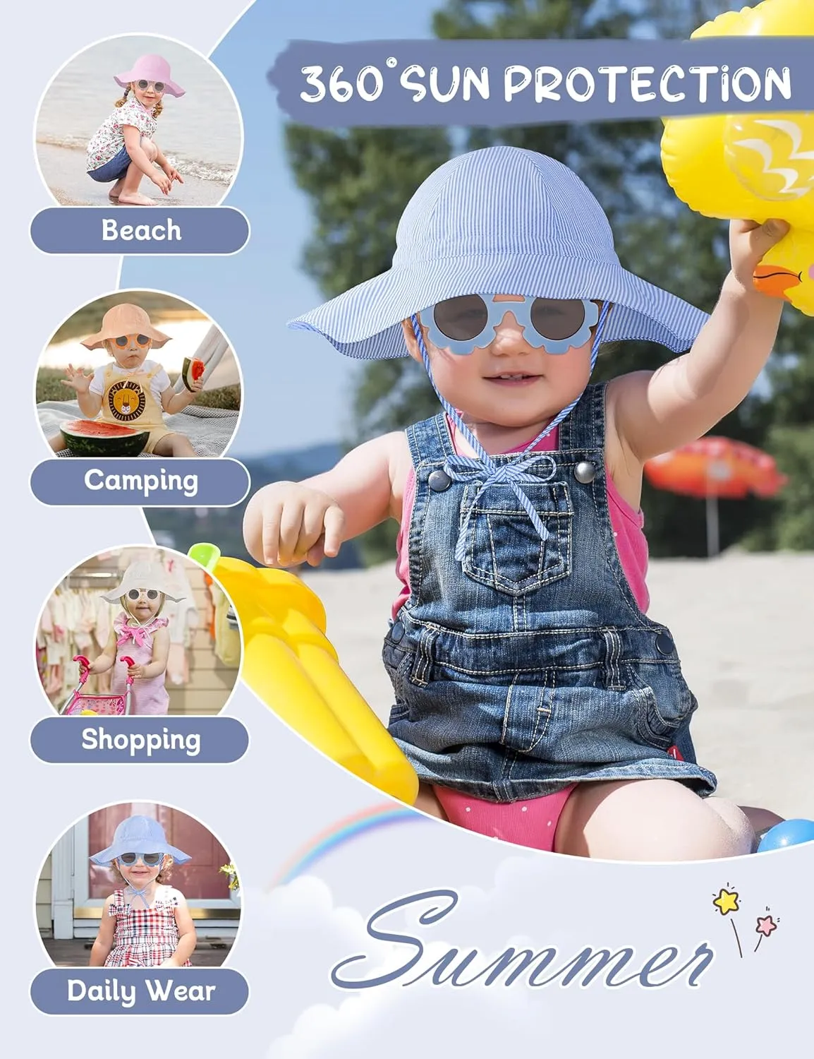 Durio Baby Sun Hat UPF 50  Sun Protection Hat Boy Girl Baby Sunglasses with Strap Wide Brim Baby Bucket Hat Toddler Beach Hat