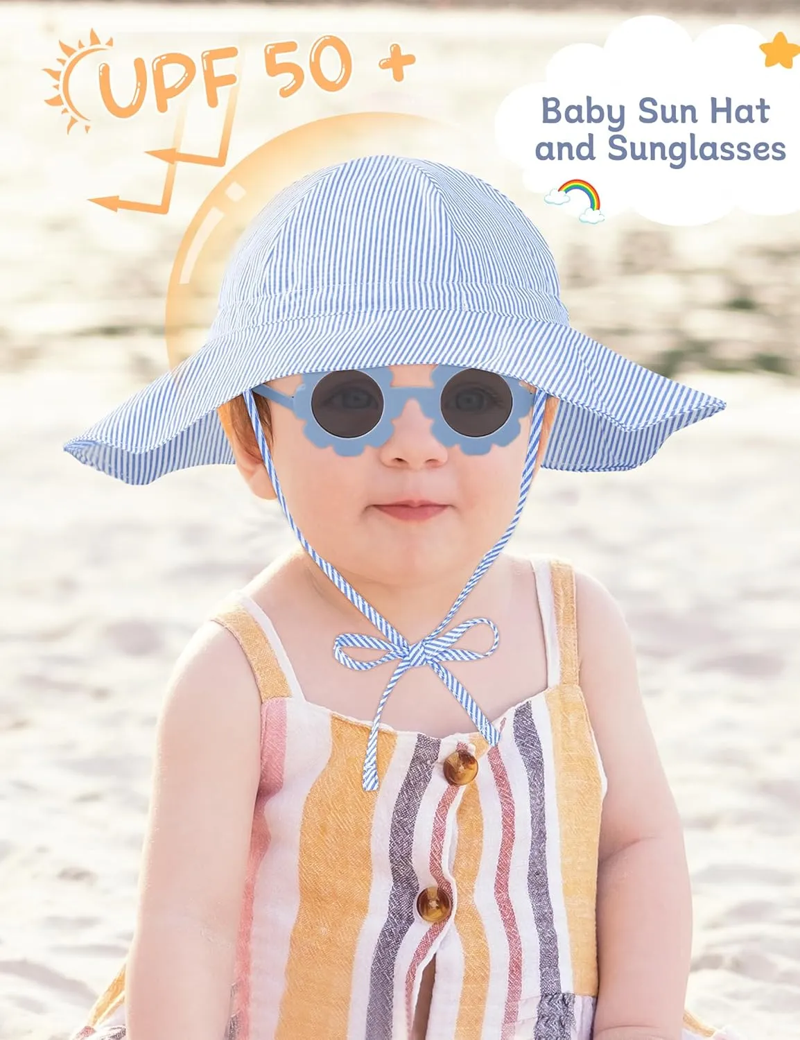 Durio Baby Sun Hat UPF 50  Sun Protection Hat Boy Girl Baby Sunglasses with Strap Wide Brim Baby Bucket Hat Toddler Beach Hat