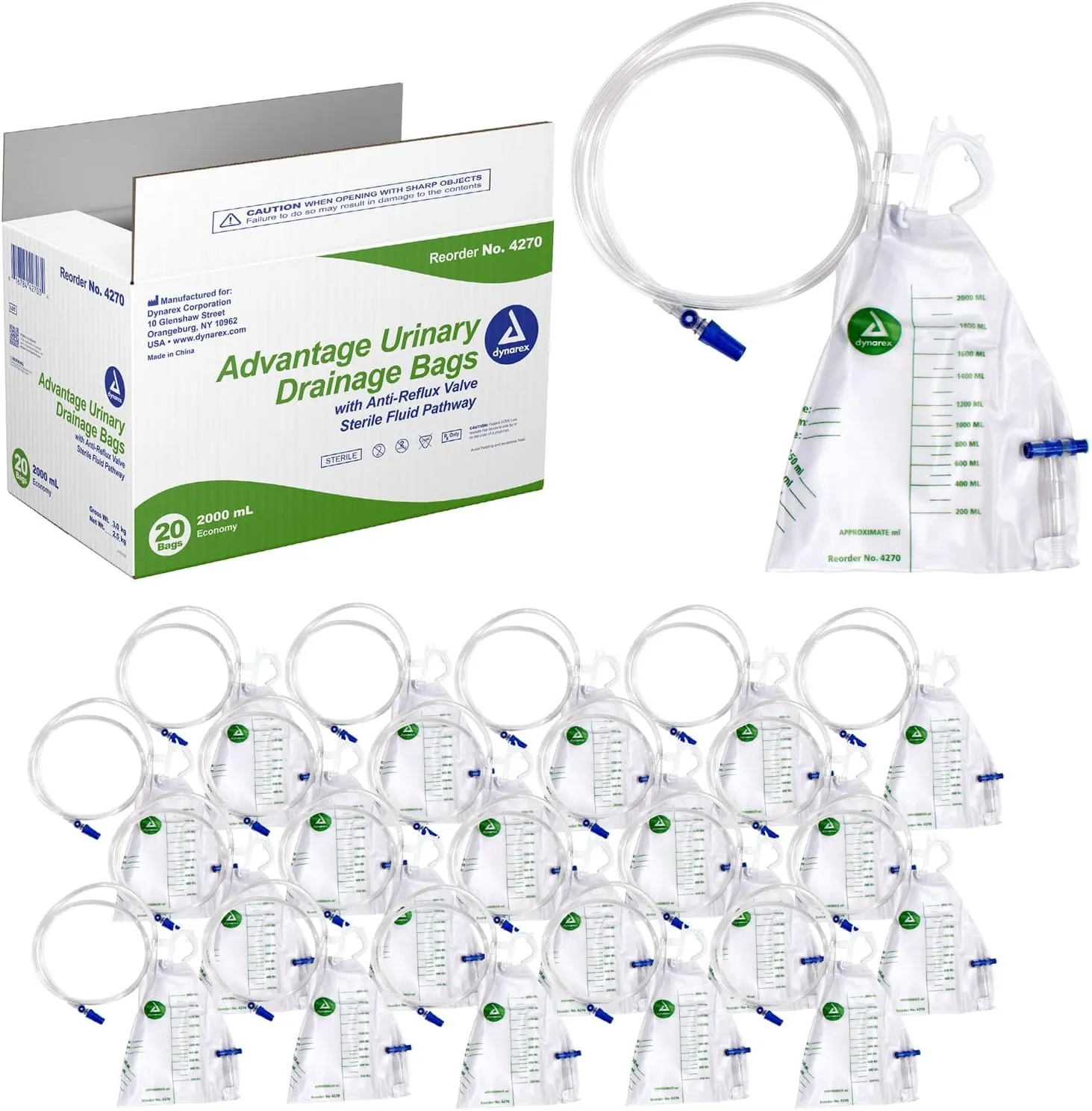 Dynarex Advantage Urinary Drainage Bag - Teardrop-Shaped, Unisex, Anti-Reflux Chamber, No-Needle Sample Port, Universal Hanger - Vinyl Bags with Markings - 2000ml, 20 Count