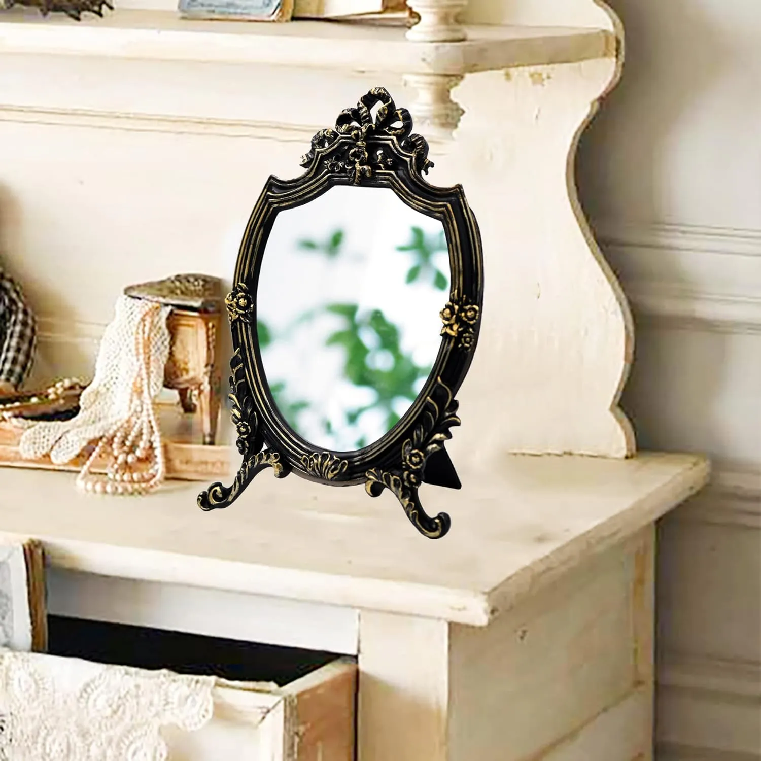 Eaoundm Resin Frame Decorative Wall Mirror Makeup Mirror Tabletop Mirrors, for Bedroom Living-Room Dresser Decor 8.2W x 13 L inchs (Black)