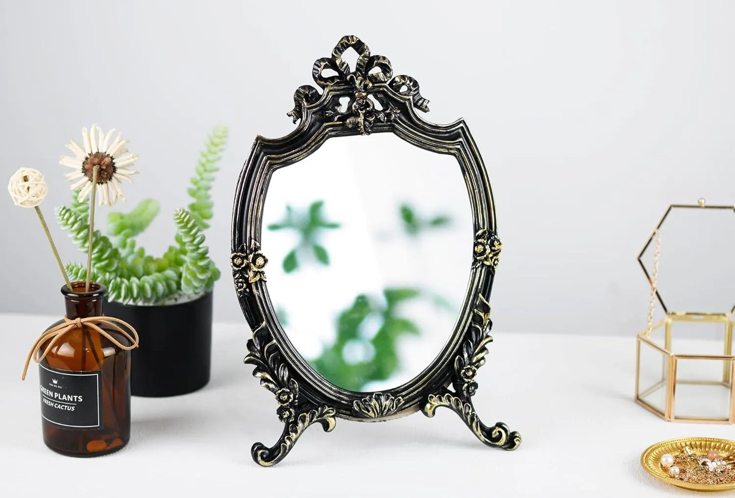 Eaoundm Resin Frame Decorative Wall Mirror Makeup Mirror Tabletop Mirrors, for Bedroom Living-Room Dresser Decor 8.2W x 13 L inchs (Black)