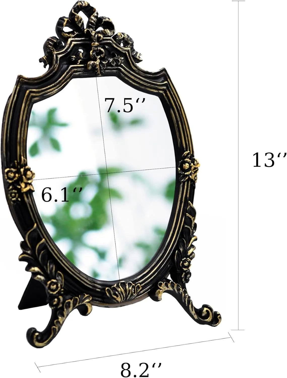 Eaoundm Resin Frame Decorative Wall Mirror Makeup Mirror Tabletop Mirrors, for Bedroom Living-Room Dresser Decor 8.2W x 13 L inchs (Black)