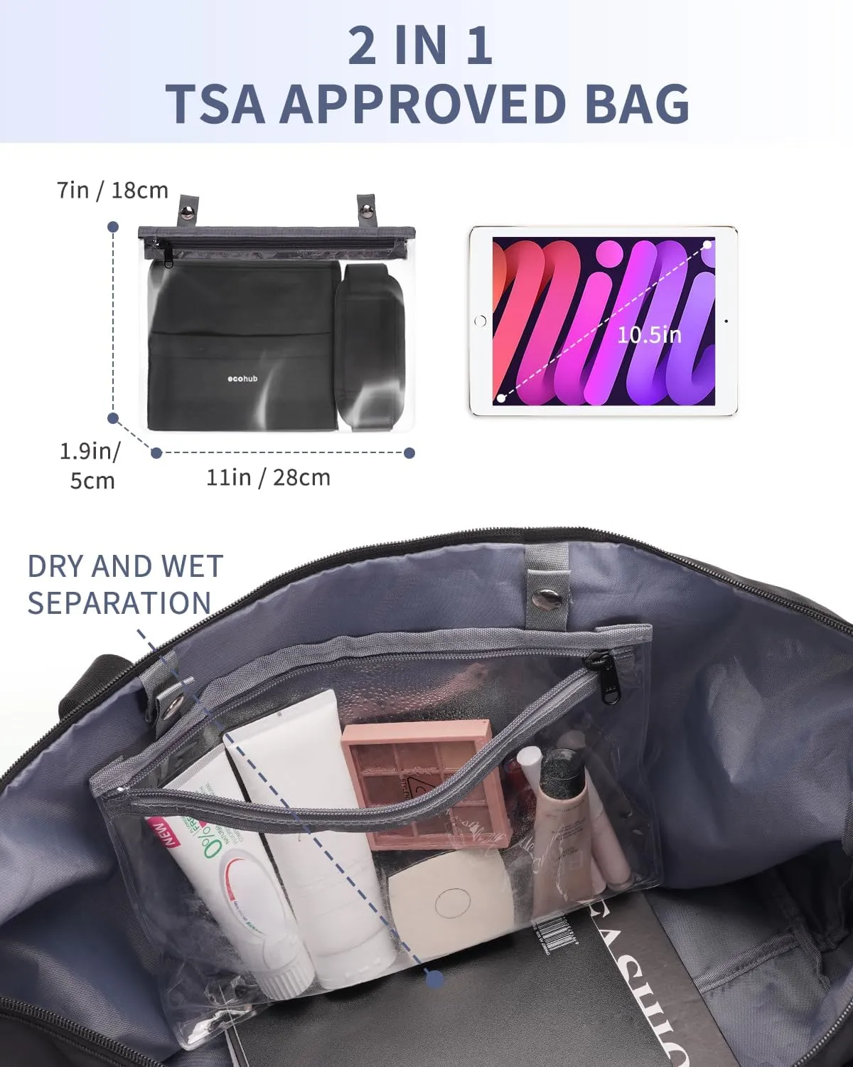 ECOHUB Travel Duffle Bag, Personal Item Travel Bag 18x14x8 Underseat, Water - Resistant Gym Bag, Weekend Travel Essentials Bags, 30L Black