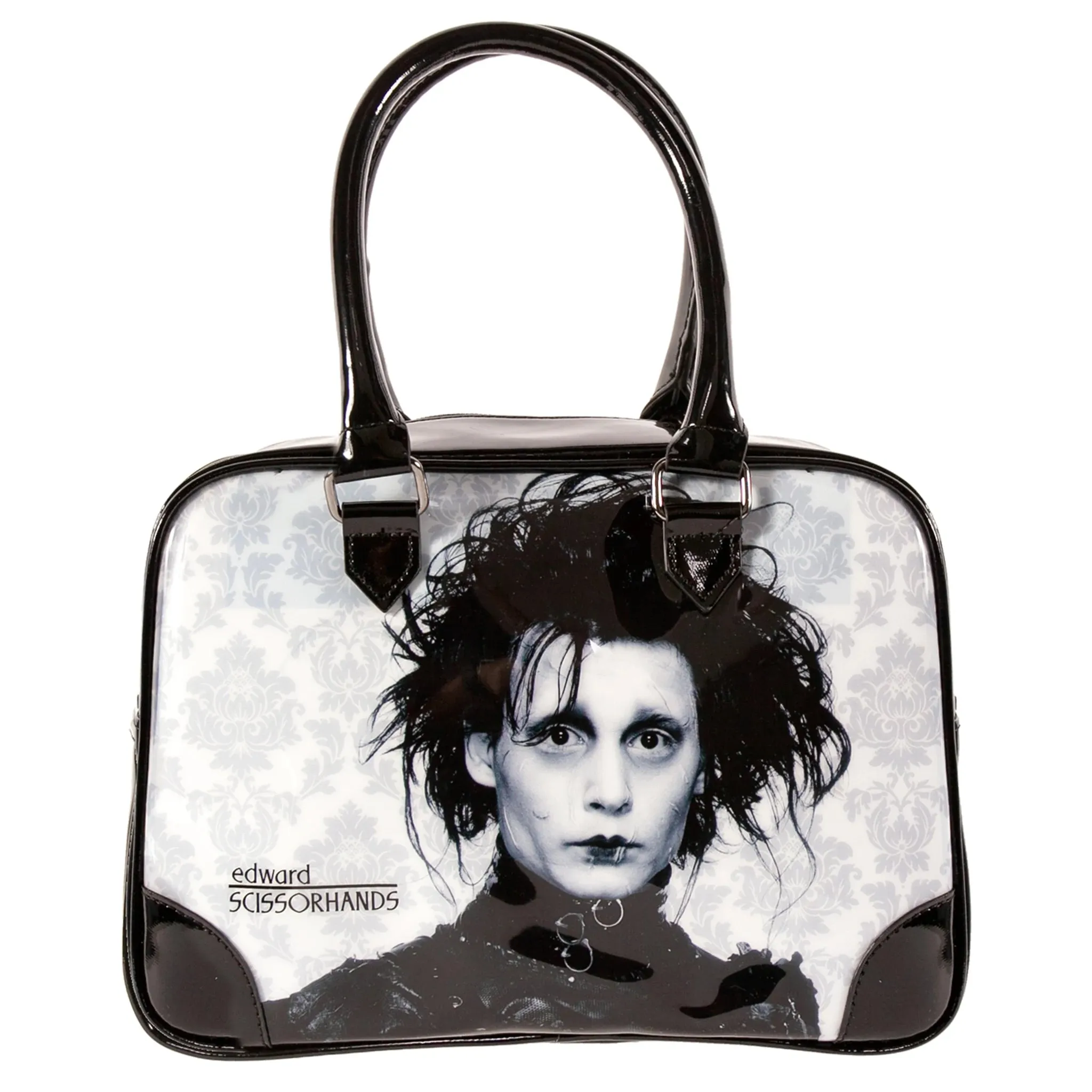 Edward Scissorhands fleur-de-lis black/white vegan leather bowler handbag