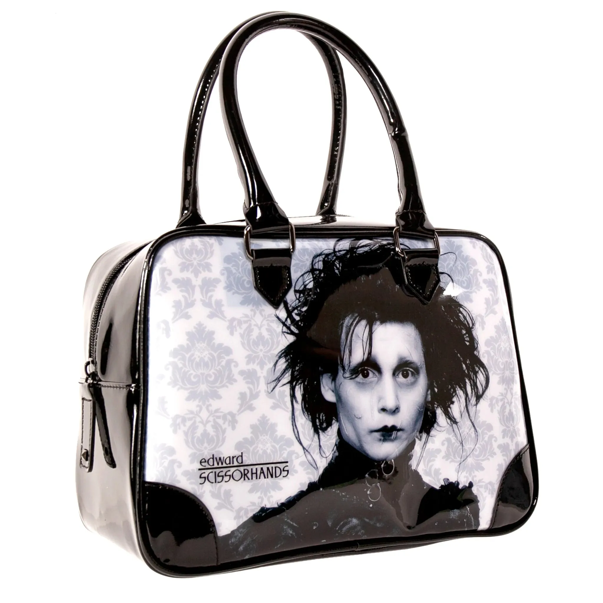 Edward Scissorhands fleur-de-lis black/white vegan leather bowler handbag