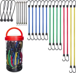 EFFICERE 24-Piece Premium Bungee Cord Assortment in Storage Jar - Includes 10”, 18”, 24”, 32”, 40” Bungee Cords and 8” Canopy/Tarp Ball Ties