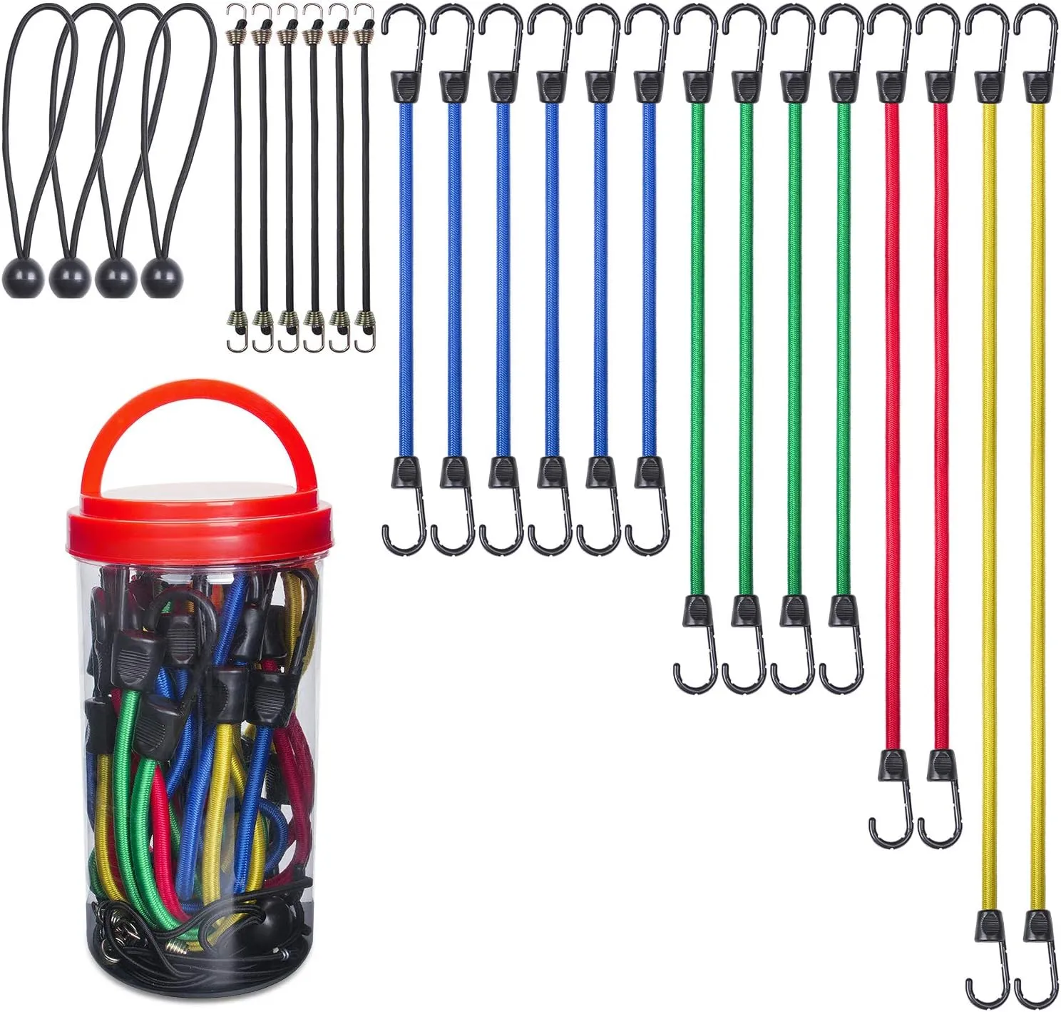 EFFICERE 24-Piece Premium Bungee Cord Assortment in Storage Jar - Includes 10”, 18”, 24”, 32”, 40” Bungee Cords and 8” Canopy/Tarp Ball Ties