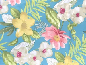 Elegant Tropical Rainforest Blossoming Orchids Floral on Blue Vinyl Flannel Back Tablecloth (52" x 52" Square)