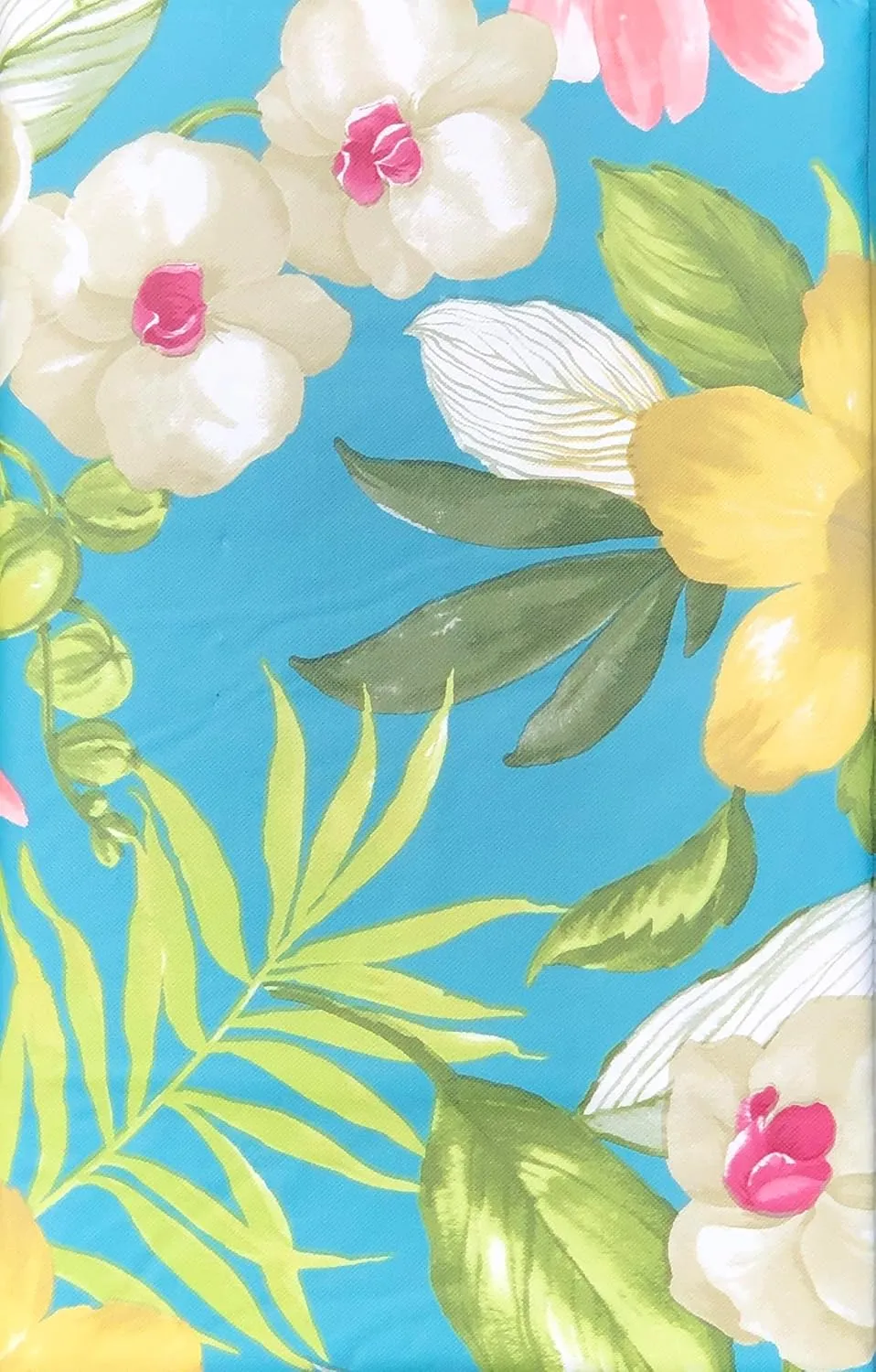 Elegant Tropical Rainforest Blossoming Orchids Floral on Blue Vinyl Flannel Back Tablecloth (52" x 90" Oblong)