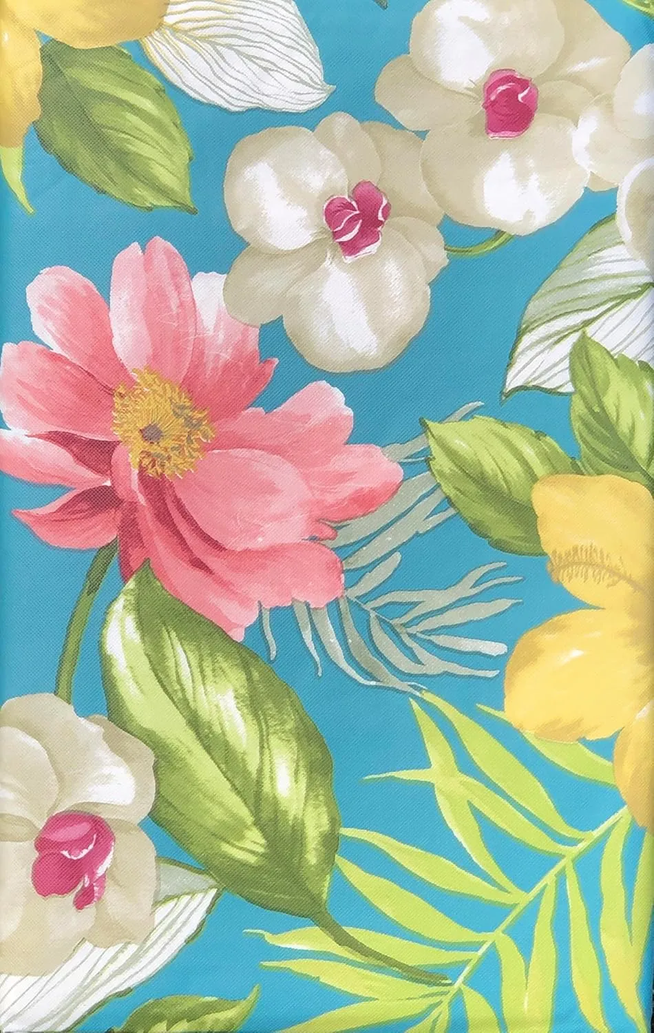 Elegant Tropical Rainforest Blossoming Orchids Floral on Blue Vinyl Flannel Back Tablecloth (52" x 90" Oblong)