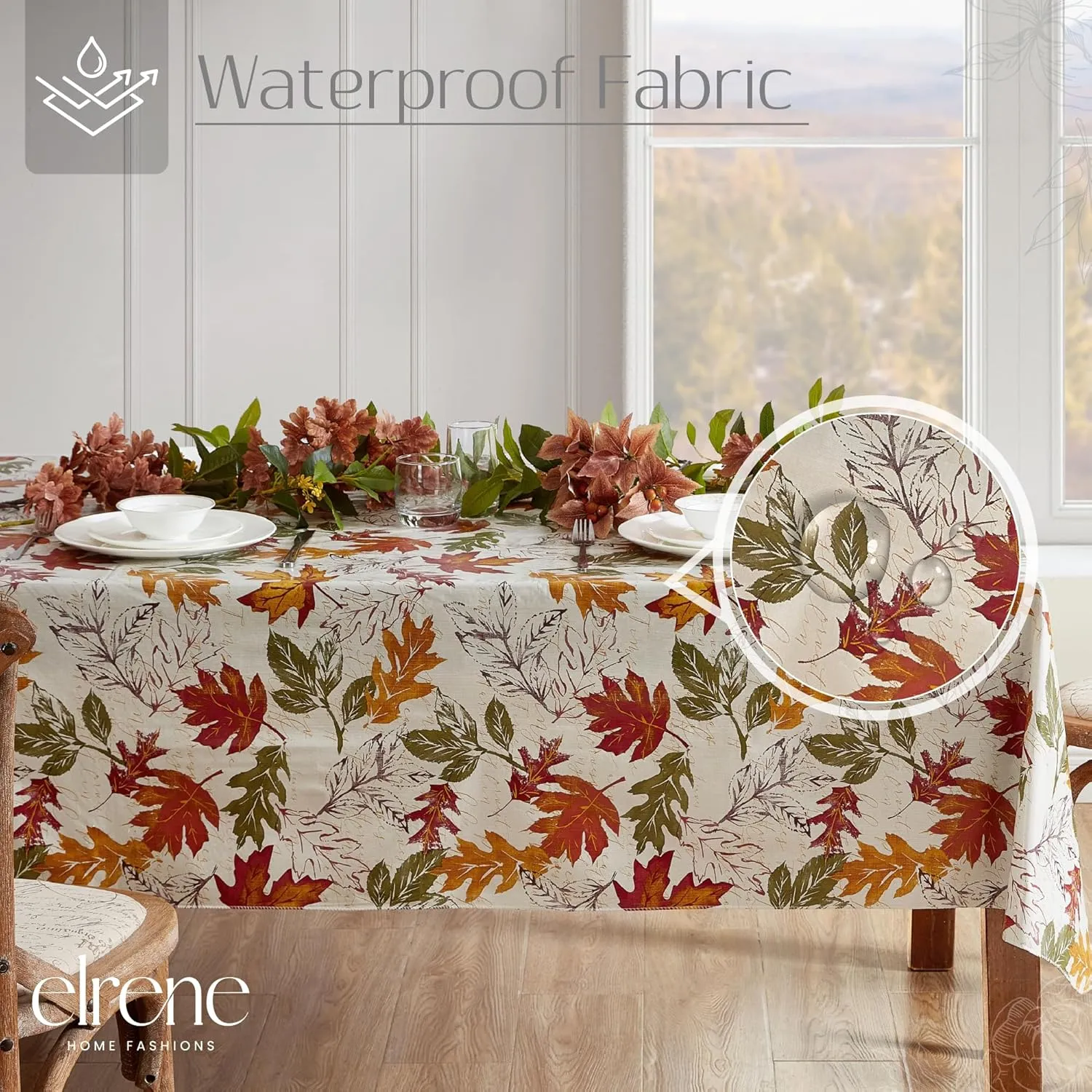 Elrene Home Fashions Harvest Vintage Leaves Water- and Stain-Resistant Vinyl Tablecloth with Flannel Backing, 60"x102" Rectangle