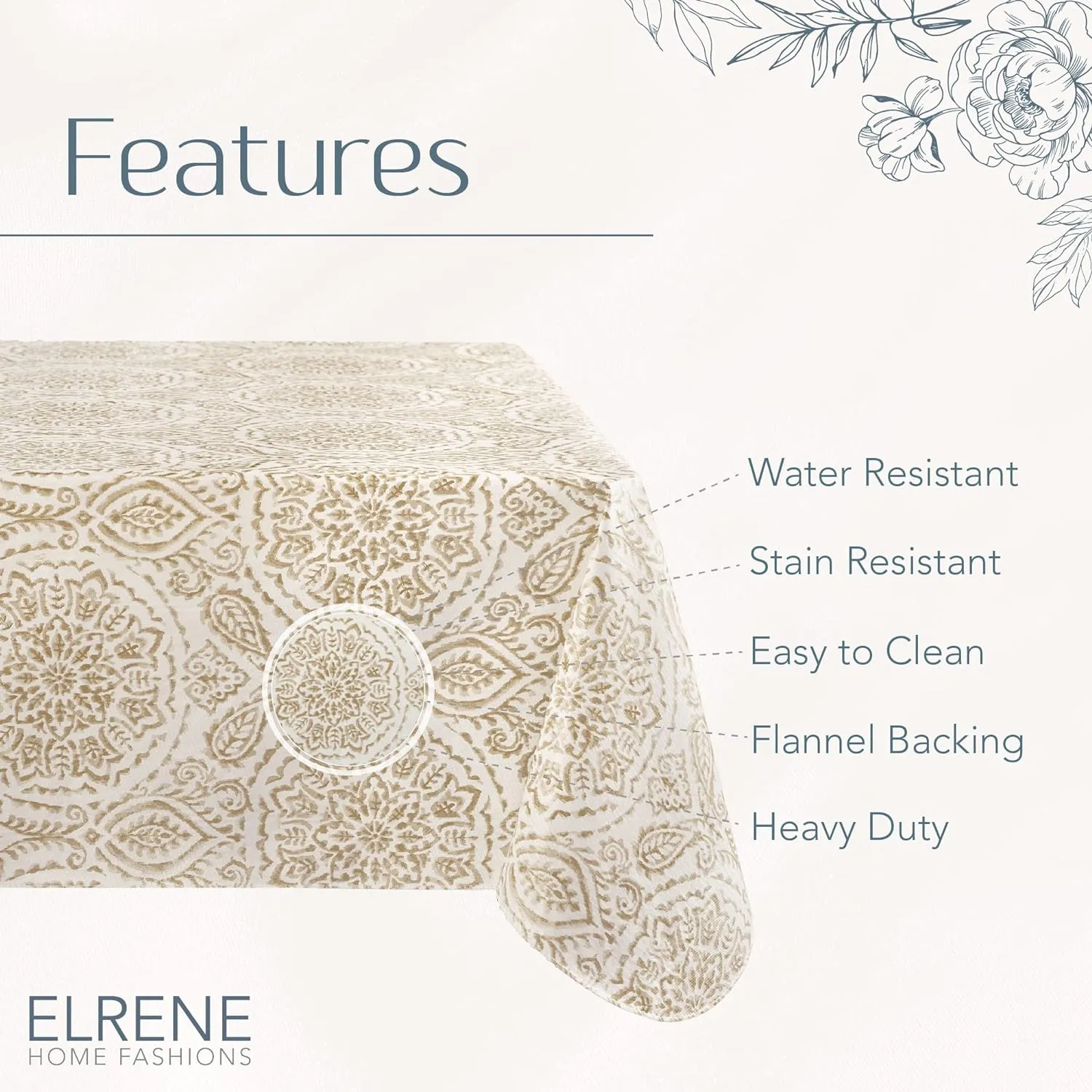 Elrene Home Fashions Savannah Boho Paisley Water- and Stain-Resistant Vinyl Tablecloth with Flannel Backing, 60 Inches X 120 Inches, Rectangle, Taupe