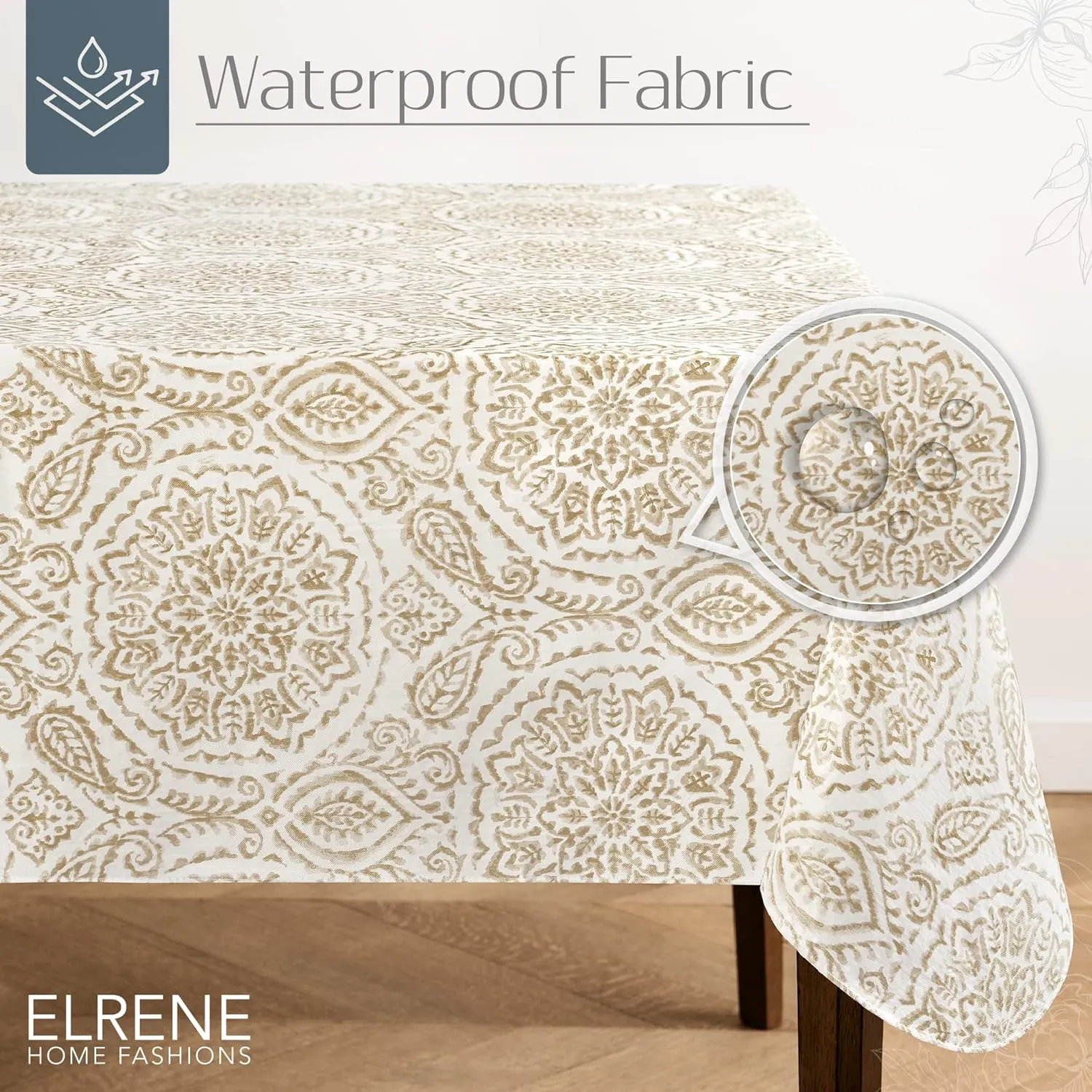 Elrene Home Fashions Savannah Boho Paisley Water- and Stain-Resistant Vinyl Tablecloth with Flannel Backing, 60 Inches X 120 Inches, Rectangle, Taupe