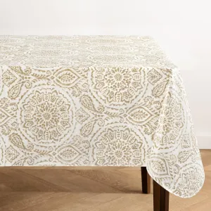 Elrene Home Fashions Savannah Boho Paisley Water- and Stain-Resistant Vinyl Tablecloth with Flannel Backing, 60 Inches X 120 Inches, Rectangle, Taupe