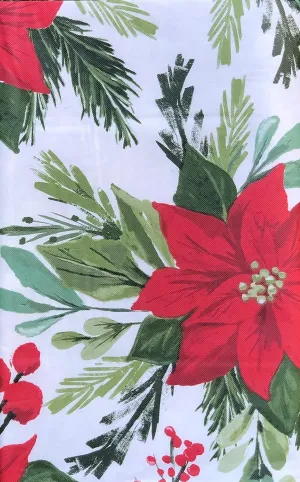 Elrene Home Fashions Seasons Greetings Red Poinsettias Among Christmas Tree Trimmings, Holly and Berries Flannel Backed Vinyl Tablecloth (52" x 70" Oblong)