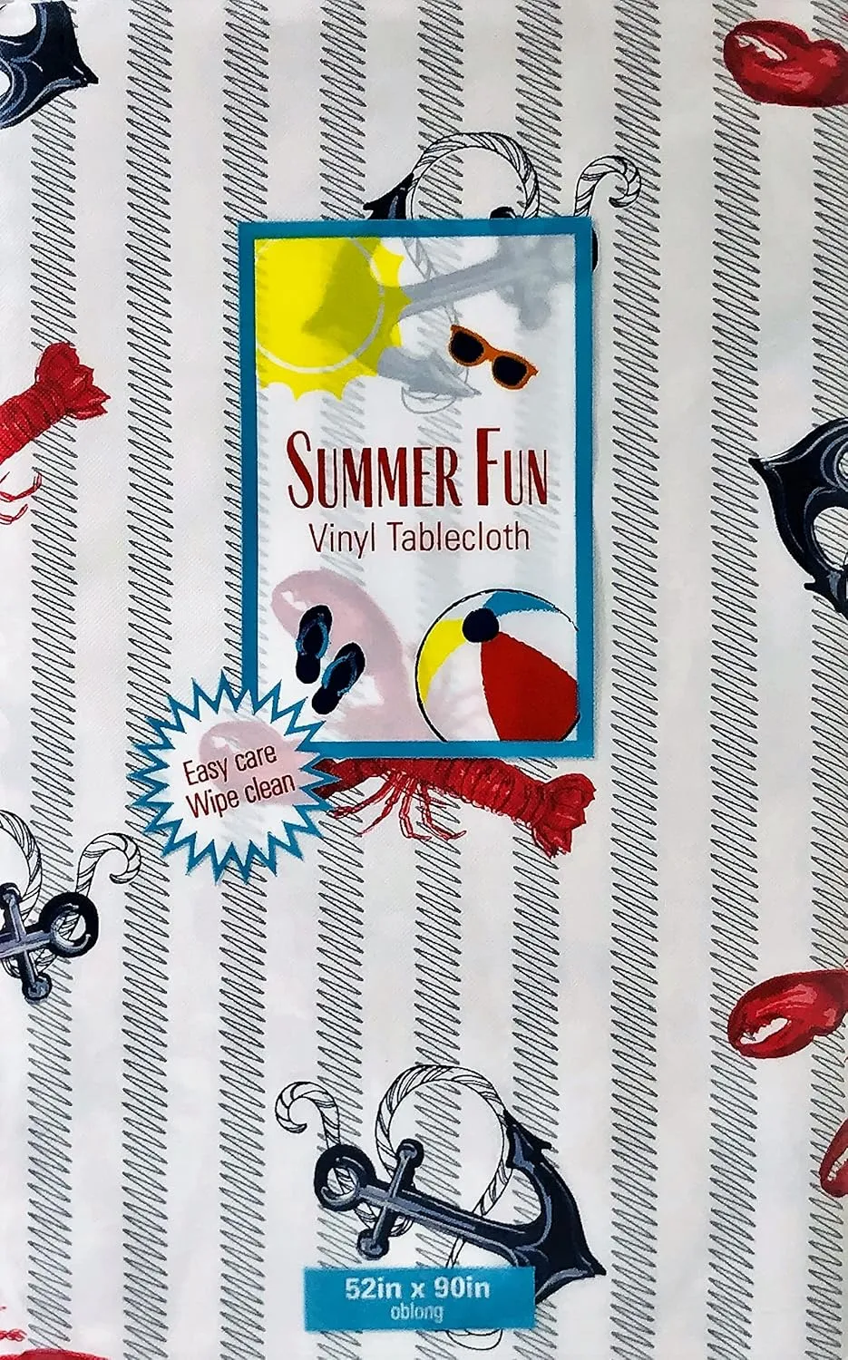 Elrene Home Fashions Summer Fun Lobsters & Anchors on Wavy Line Stripes Vinyl Flannel Back Tablecloth (52inch x 90inch Oblong), Red, White, Blue , Gray