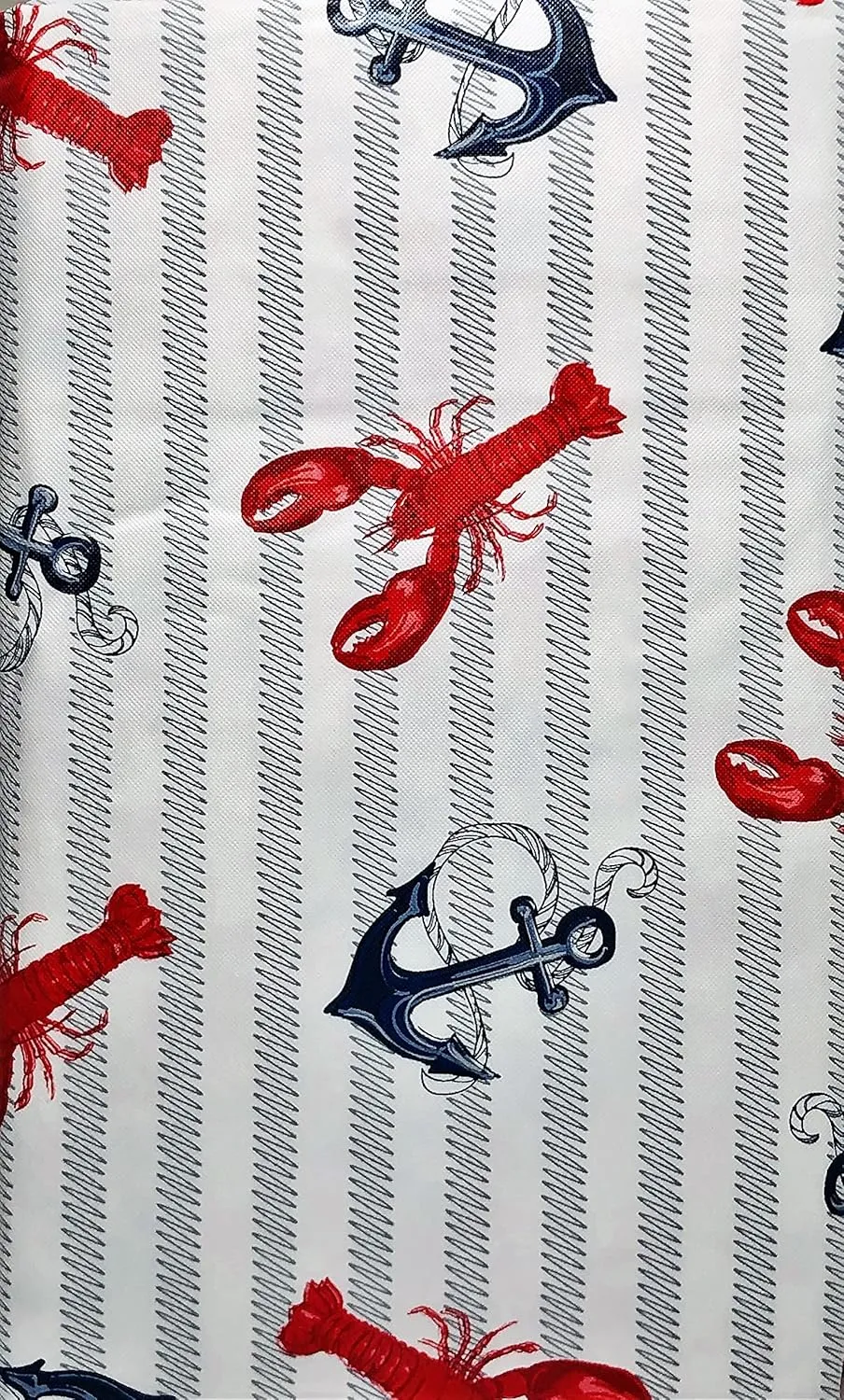 Elrene Home Fashions Summer Fun Lobsters & Anchors on Wavy Line Stripes Vinyl Flannel Back Tablecloth (52inch x 90inch Oblong), Red, White, Blue , Gray