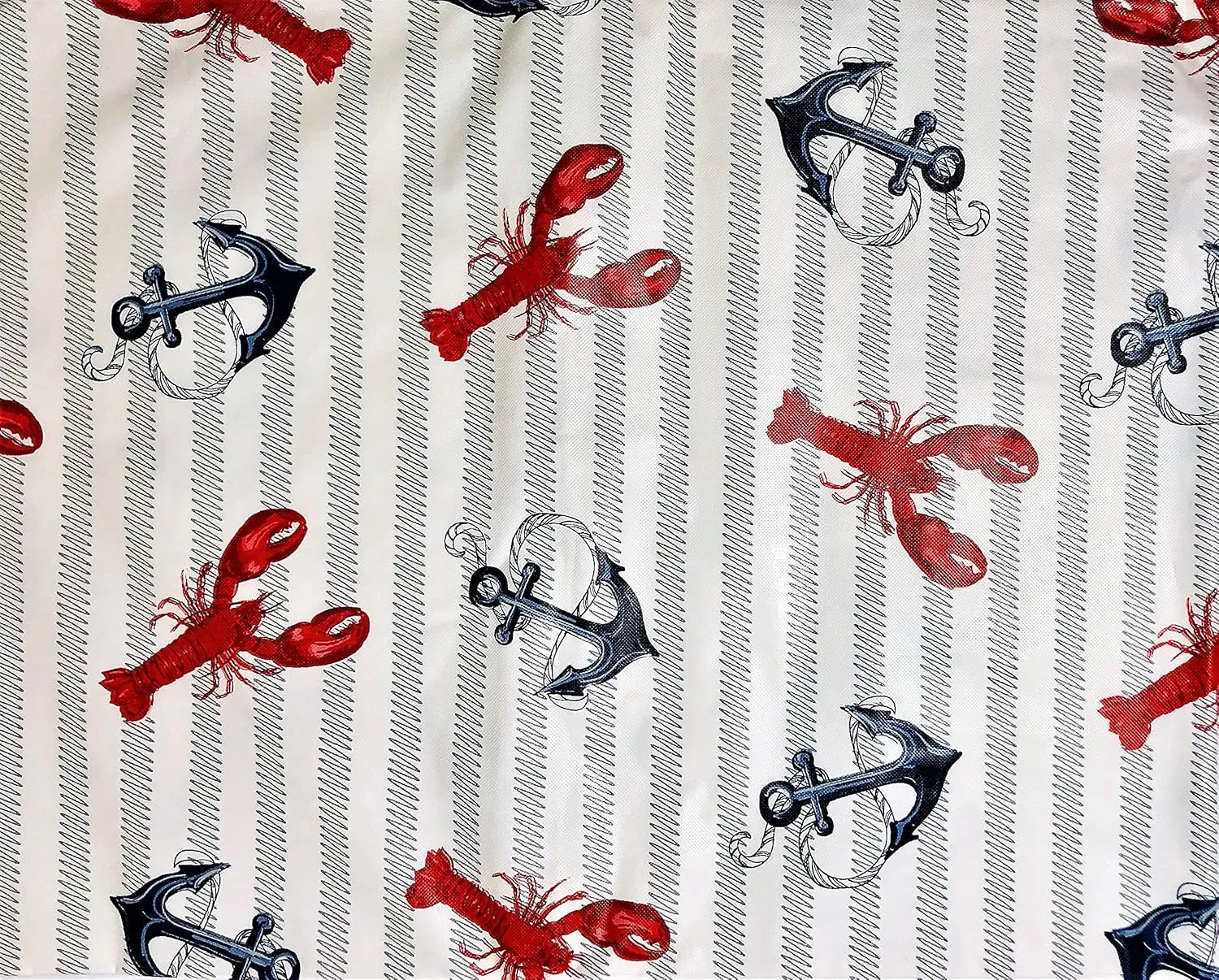 Elrene Home Fashions Summer Fun Lobsters & Anchors on Wavy Line Stripes Vinyl Flannel Back Tablecloth (52inch x 90inch Oblong), Red, White, Blue , Gray