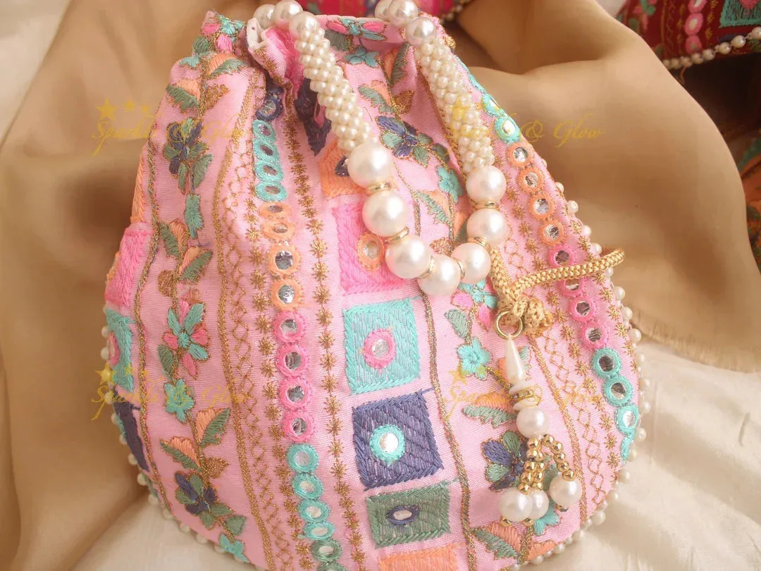 Embroidered Potli Bag 8x8 with Mirror Work