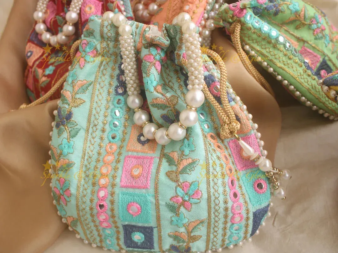 Embroidered Potli Bag 8x8 with Mirror Work