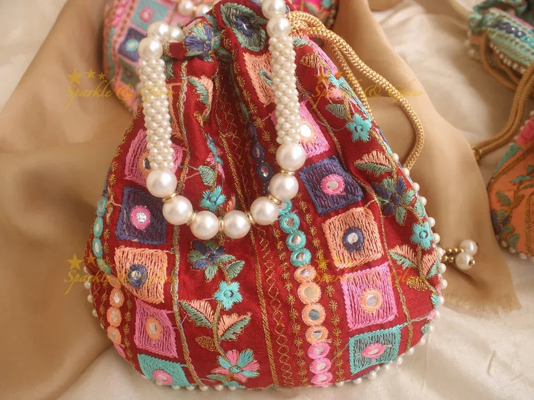 Embroidered Potli Bag 8x8 with Mirror Work