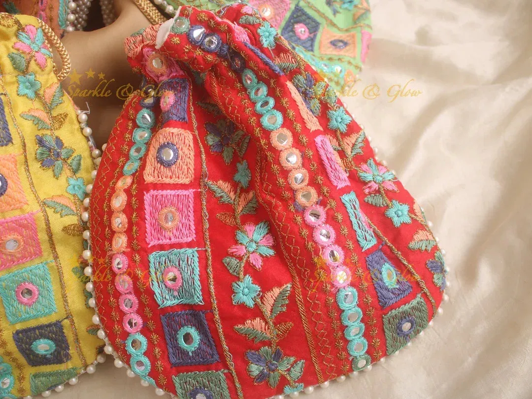 Embroidered Potli Bag 8x8 with Mirror Work