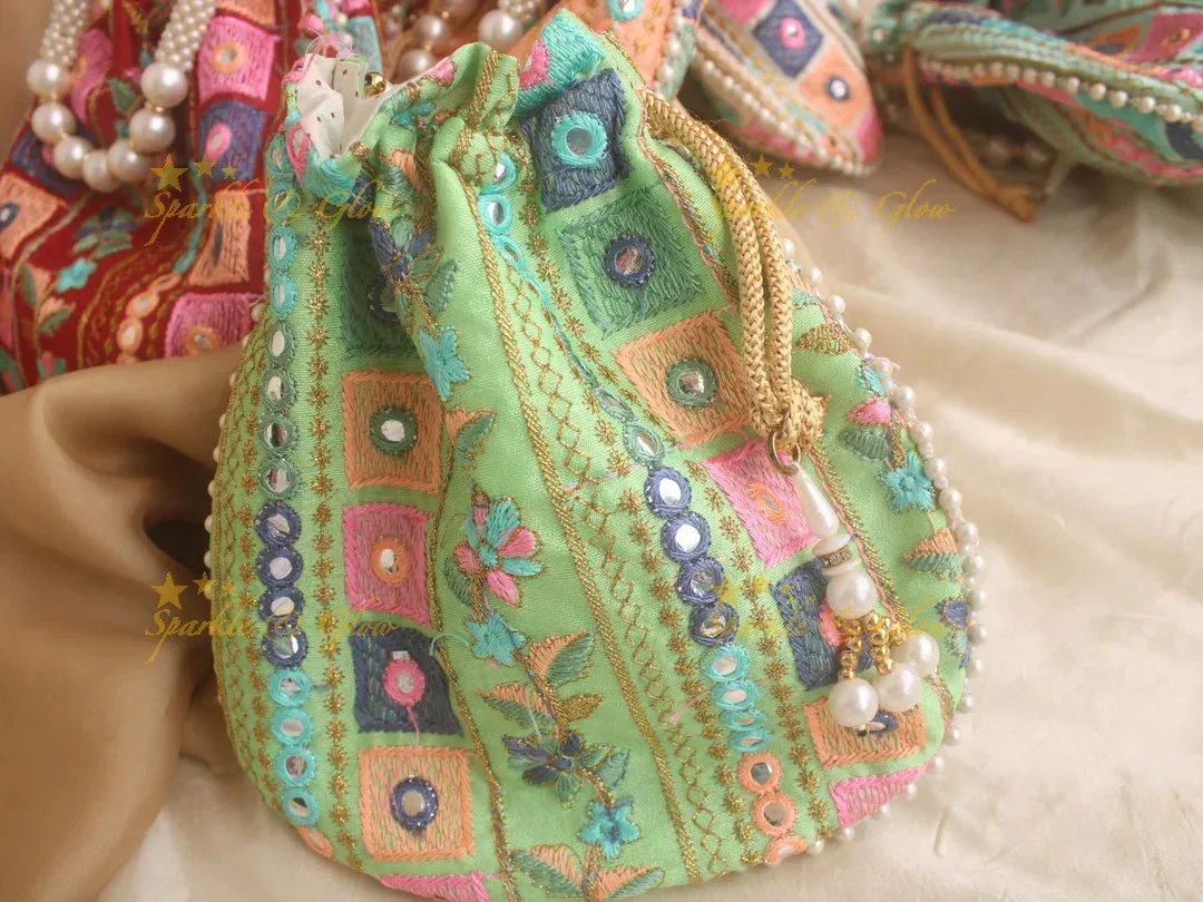 Embroidered Potli Bag 8x8 with Mirror Work