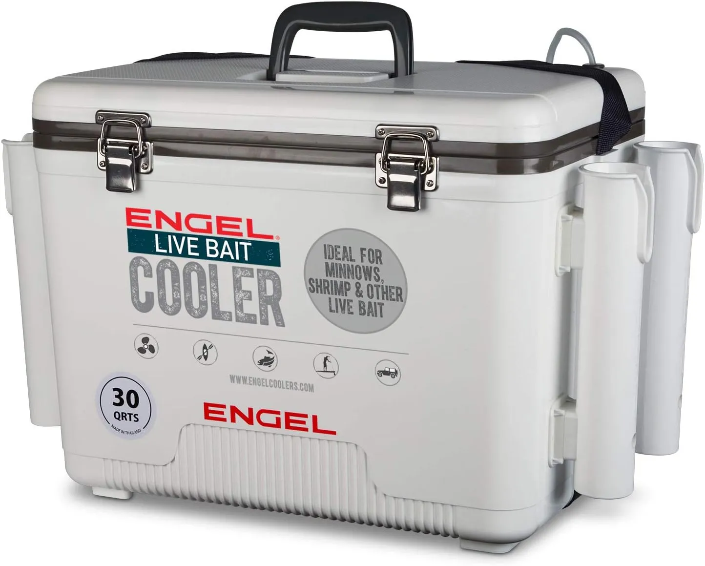 Engel 30qt Live Bait Cooler Box with 2nd Gen 2-Speed Portable Aerator Pump and 4 x Fishing Rod Holder Attachments. Fishing Bait Station and Minnow Bucket in LBC30-RH in White