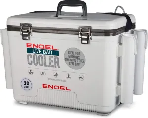 Engel 30qt Live Bait Cooler Box with 2nd Gen 2-Speed Portable Aerator Pump and 4 x Fishing Rod Holder Attachments. Fishing Bait Station and Minnow Bucket in LBC30-RH in White