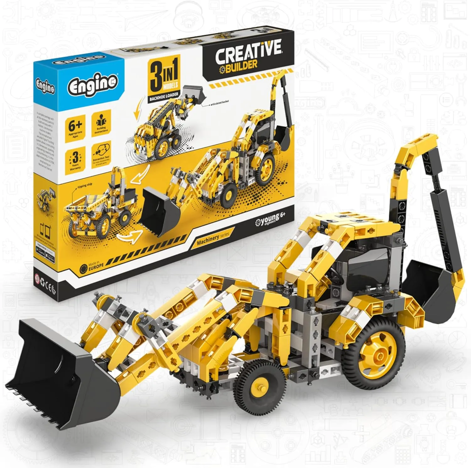 Engino Creative Builder- Backhoe Loader- 3-in-1, Educational Toys for Kids 6 , Engineering Kit for Young Inventors, STEM Kits, Gifts for Boys & Girls