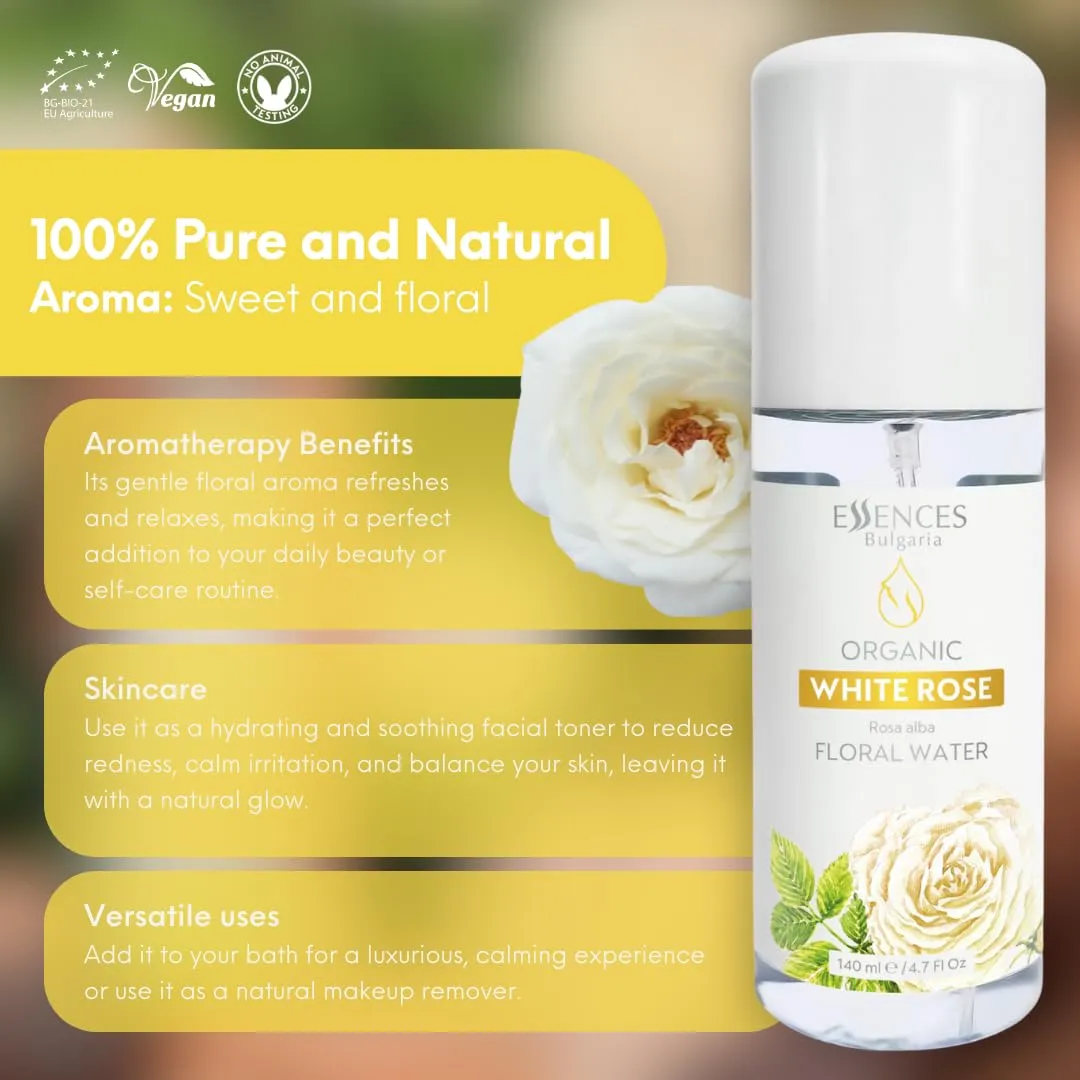 Essences Bulgaria | Organic White Rose Floral Water 8.5 Fl Oz | 250ml | Rosa alba | 100% Pure and Natural | Anti-Age Refreshing Beauty Mist | Alcohol-Free | Makeup Remover | Hydrating | Vegan