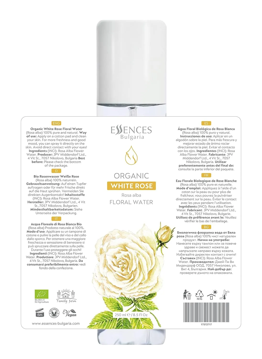 Essences Bulgaria | Organic White Rose Floral Water 8.5 Fl Oz | 250ml | Rosa alba | 100% Pure and Natural | Anti-Age Refreshing Beauty Mist | Alcohol-Free | Makeup Remover | Hydrating | Vegan
